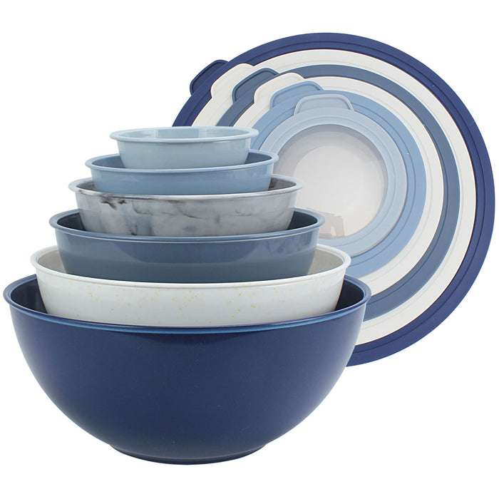 COOK WITH COLOR Mixing Bowls with TPR Lids - 12 Piece Plastic Nesting Bowls Set includes 6 Prep Bowls and 6 Lids, Microwave Safe Mixing Bowl Set (Blue and White)