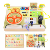 TQJ Montessori Busy Board for Toddlers Baby Busy Board Car Steering Wheel Wooden Sensory Board Travel Toys for Fine Motor Skill Gift for 3+ Years Old Boys Girls Christmas Birthday Children's Day