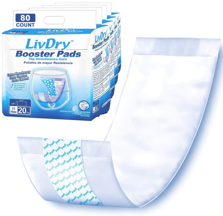 LivDry Incontinence Booster Pads, Use with Adult Diapers for Women and Men, Extra Comfort Softness, Disposable Pad (80 Count, Regular Length)