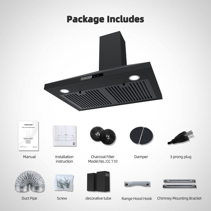 FIREGAS Black Range Hood 30 inch, Convertible Wall Mount Range Hood with Brushless Motor, 450 CFM, 9 Speed Fan, Soft Touch Controls, Permanent Filters, LED Lights, Charcoal Filter included