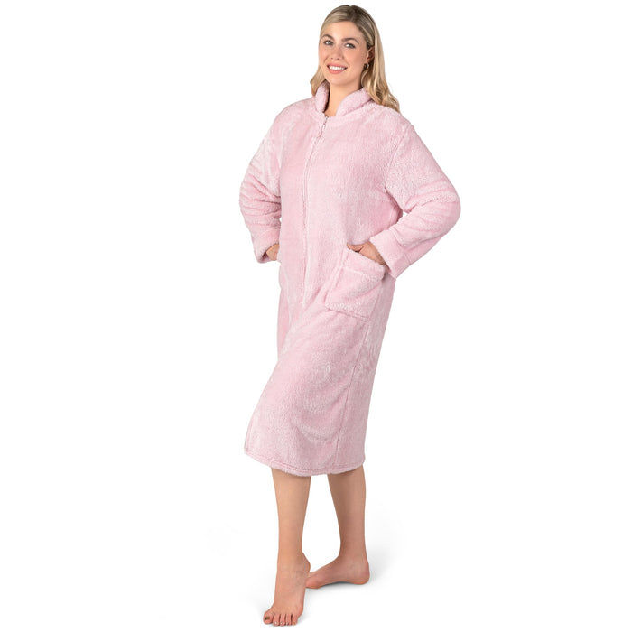 PAVILIA Womens Housecoat Zip Robe, Sherpa Zip Up Front Robe Bathrobe, Fuzzy Warm Zipper House Coat Lounger for Women Elderly with Pockets, Fluffy Fleece Long Plus Size, Light Pink (2X/3X)