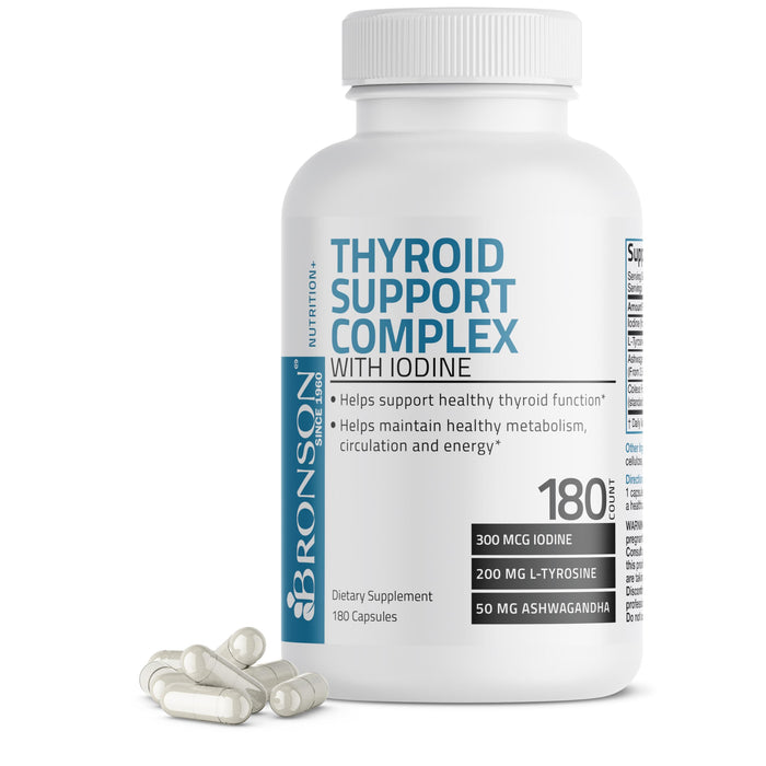 Bronson Thyroid Support Complex with Iodine - Healthy Thyroid Function, Immune System, Thyroid Hormone Levels - 180 Capsules