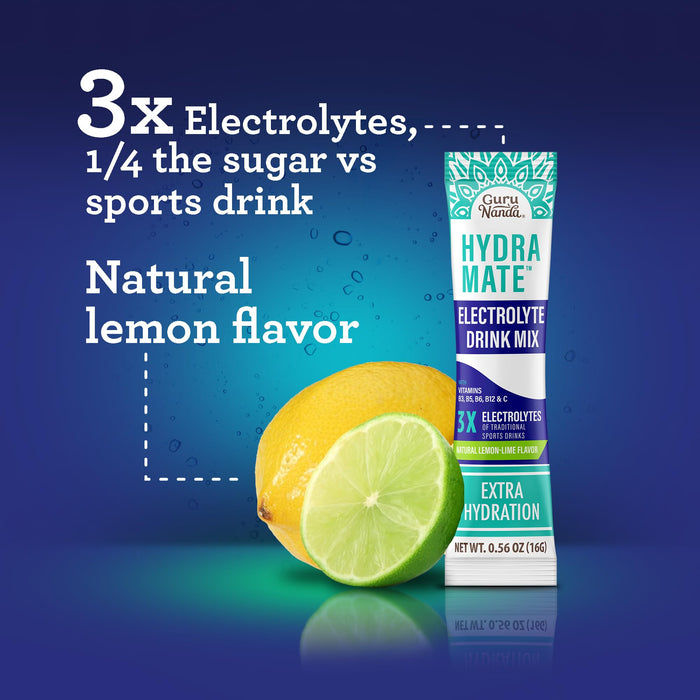 GuruNanda Hydramate Hydration Support Drink Mix - Electrolyte Powder Packets for Dehydration, Exercise & Energy - No Added Sweeteners, Non-GMO, Natural Lemon Lime Flavor - 48 Count (0.56 oz each)