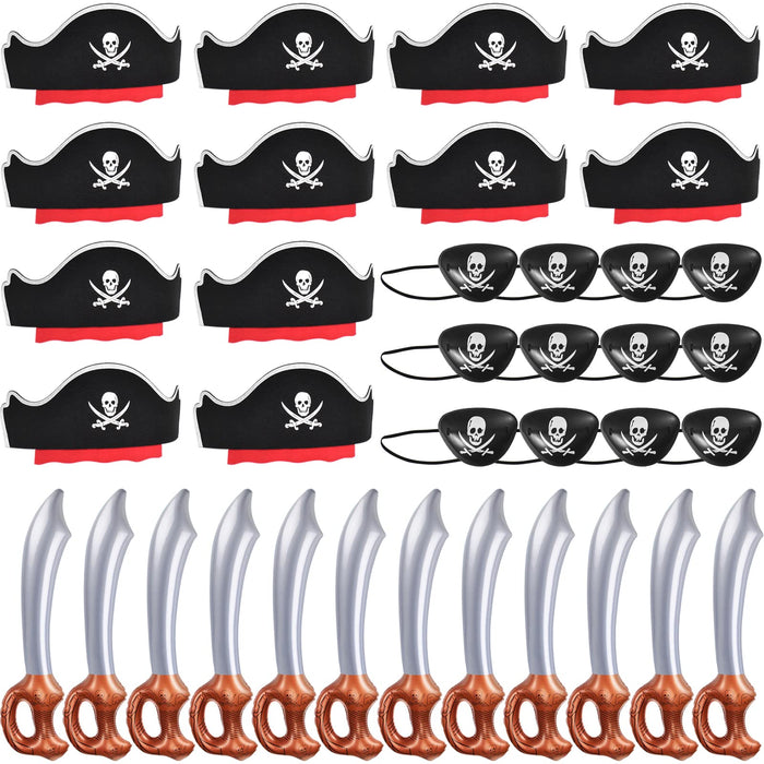 ZeeDix 36Pcs Pirate Accessories for Kids, 12 Hats 12 Patches 12 Swords Set