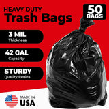 ToughBag 42 Gallon Trash Bags, 3 Mil Contractor Garbage Bags (50 COUNT) Heavy Duty Large Trash Can Liners, Black Garbage Bags, 38 x 48" - Construction Bags, Lawn, Industrial, Leaf - Made in USA