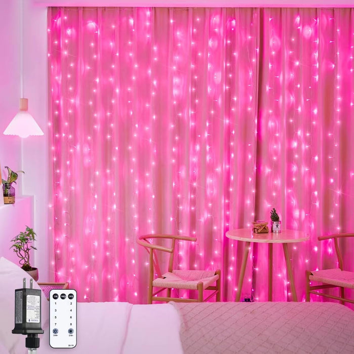 JMEXSUSS 300 LED Remote Control Pink Curtain Lights, 8 Modes Pink Christmas Lights Indoor, Pink String Lights for Bedroom Window Wall Party Backdrop Valentine Xmas Decorations (9.8x9.8ft)