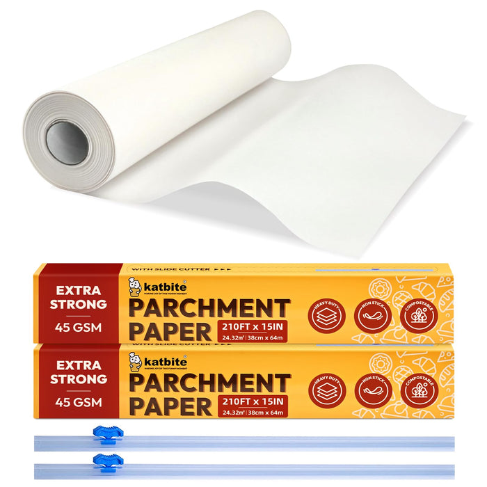 Katbite Parchment Paper Roll for Baking, 2 Pack of 15 in x 210 ft, Heavy Duty Cooking Paper for Baking Bread, Cookies, Non-stick for Oven, Air Fryer, Steamer, Heat Press with 2Pcs of Slide Cutter