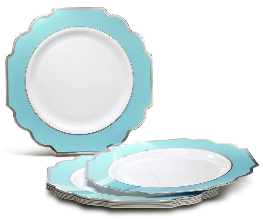 " OCCASIONS " 240 Plates Pack (120 Guests) Heavyweight Wedding Party Disposable Plastic Plates-120x10.5'' Dinner + 120x8'' Appetizer Plate (Imperial Turquoise Blue/Green & Silver)