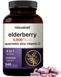NatureBell Sambucus Elderberry Capsules, 5000mg Per Serving with Quercetin 500mg, Vitamin C and Zinc, 240 Count | European Black Elderberry Fruit Extract – 4 in 1 Immune Support Supplements