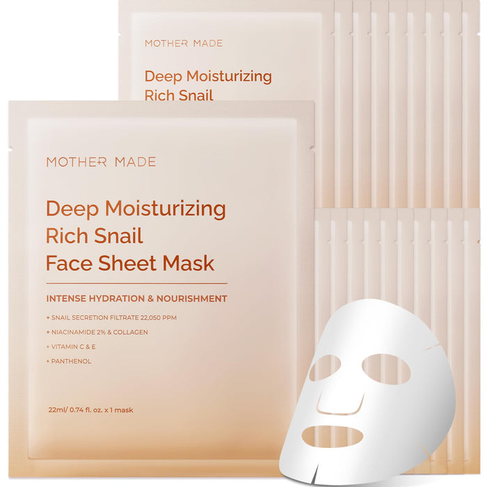 MOTHER MADE Moisturizing Snail Mucin Face Masks 20EA, 22,050ppm Snail Secretion Filtrate, Collagen, Niacinamide 2%, Vitamin C&E | Snail Serum Sheet Mask for Dry, Sensitive Skin, Korean Skincare