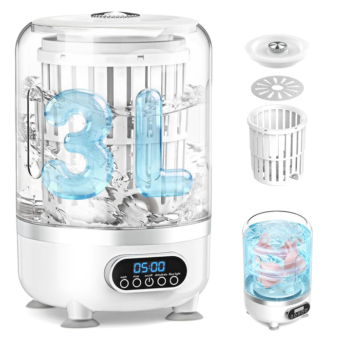 Mini Washing Machine, 3L Small Washer with Drain Hose & Spin Basket, Cordless 3000mAh, Compact Apartment Washing Machine of Underwear, Socks, Baby Clothes, Ideal for Apartment, RV, Travel（White）