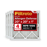 Filtrete 20x20x1 AC Furnace Air Filter, MERV 11, MPR 1000, Micro Allergen Defense, 3-Month Pleated 1-Inch Electrostatic Air Cleaning Filter, 4 Pack (Actual Size 19.69x19.69x0.81 in)