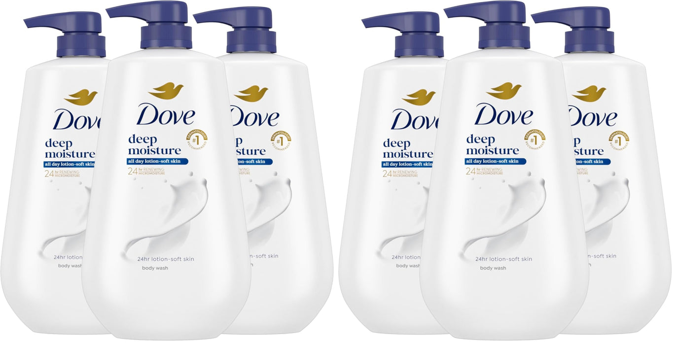 Dove Body Wash with Pump Deep Moisture for 24hr Lotion-Soft Skin Moisture Moisturizing Skin Cleanser with No Sulfates No Parabens,(Pack of 6)