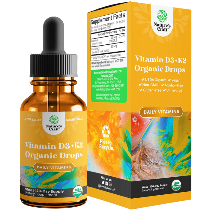 Organic Liquid Vitamin D3 & K2 Drops – 2000 IU per Serving with MCT Oil – Vegan, Non-GMO Vitamin D3 & K2 Supplement – 1oz (30ml)