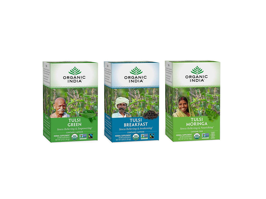 Organic India Energizing Tulsi Herbal Tea Favorites - Breakfast, Green, Moringa - Holy Basil, Adaptogen, Vegan, USDA Certified Organic, Non-GMO - 18 Infusion Bags per Box (Pack of 3)