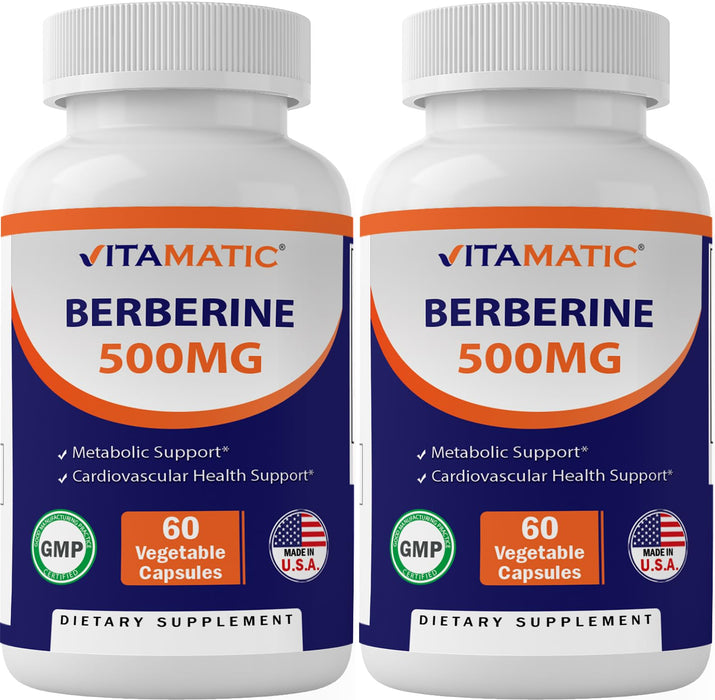 Vitamatic Berberine Supplement 500mg - 60 Vegetable Capsules - Made in The USA - Gluten Free - Non-GMO (2 Bottles)