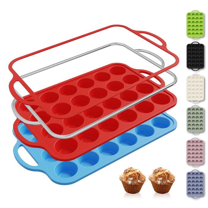 2 Packs 24 Cups Silicone Muffin Pan with Metal Reinforced Frame Mini Size Cupcake Pan Tray Egg Bites Silicone Circle Cookie Molds Muffin Tin Tart Pans Baking Sheet Set for Breakfast Sandwiches