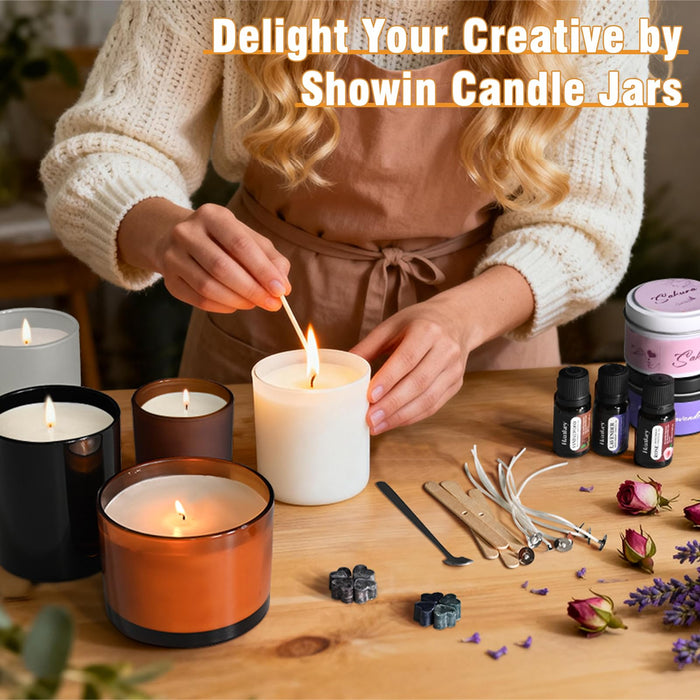 SHOWIN Thick Candle Jars for Making Candles 16 Pcs, 7 OZ Empty Jars with Wood Lids for Candle Making, Sample Container, Frosted Brown