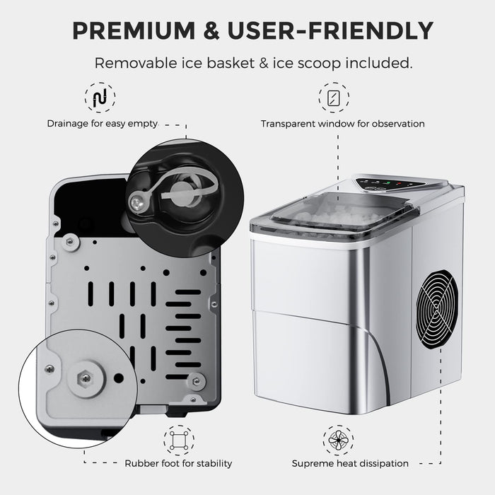 FZF Ice Makers Countertop, Self-Cleaning Function, Portable Electric Cube Maker Machine, 9 Pebble Ready in 6 Mins, 26lbs 24Hrs with Bags and Scoop Basket for Home Bar Camping RV