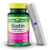 Spring Valley, Biotin 5000mcg, Softgels, 120 Count Hair Skin Nails Health Dietary Supplement + 7 Day Pill Organizer Included (Pack of 1)