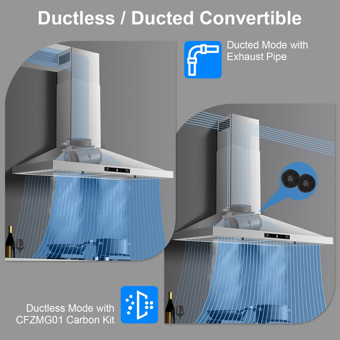 Range Hood 30 inch Stainless Steel, Wall Mount Stove Hood Ducted/Ductless Convertible with 3 Speed Kitchen Vent Hood, Touch Control, Energy-saving LED Lights, 5-Layer Aluminum Filters