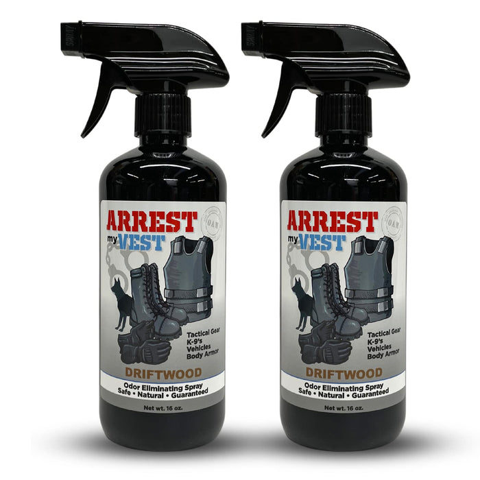 Arrest My Vest Military and Police Grade Odor Eliminating Spray for Body Armor Odor, Tactical Gear. Safe on K9's. Safe on all ballistic vests and fabrics - New Driftwood Fragrance - 2 16 oz Bottles