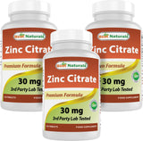 Best Naturals Zinc 30mg Supplements (as Zinc Citrate) - zinc Vitamins for Adults Immune Support - 120 Tablets (120 Count (Pack of 3))