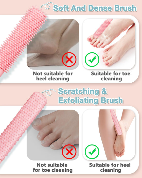 TOPHOME 2 Pack Toe Cleaning Brush,Silicone Foot Scrubber for Shower with 15.7" Long Handle Soft Cleaning Bath Brush Feet Cleaner Scrub Foot Care for Seniors,Elderly, Men and Women (Pink)