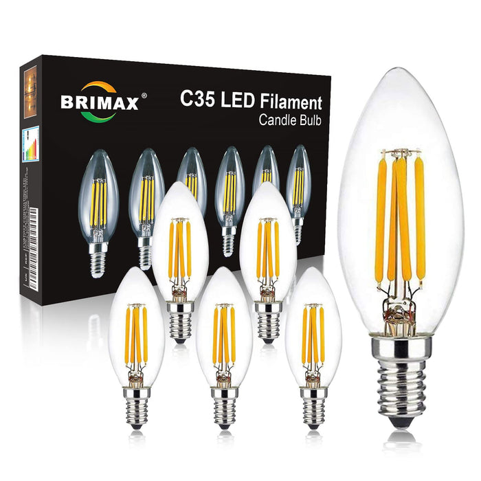 BRIMAX 4W E12 Candelabra Led Bulbs Dimmable, 40 Watt Equivalent, 2700K Warm Glow, C35 B11 Filament Led Candle Light Bulbs for Foyer Chandeliers, Celling Fans and Other Wall Fixtures, 6Pack