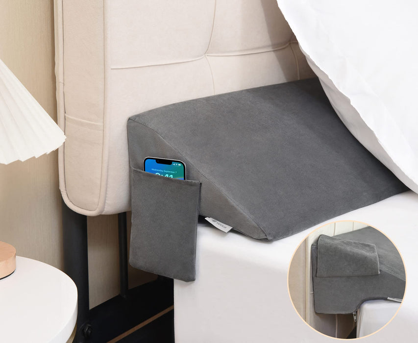 Vekkia Twin Bed Wedge Pillow for Headboard Gap Filler(0-5"),High-Density Foam,Prevents Pillows & Items from Falling,Ergonomic Design,Large Storage Pockets, Removable&Washable Cover,Gray,39''x10 x6