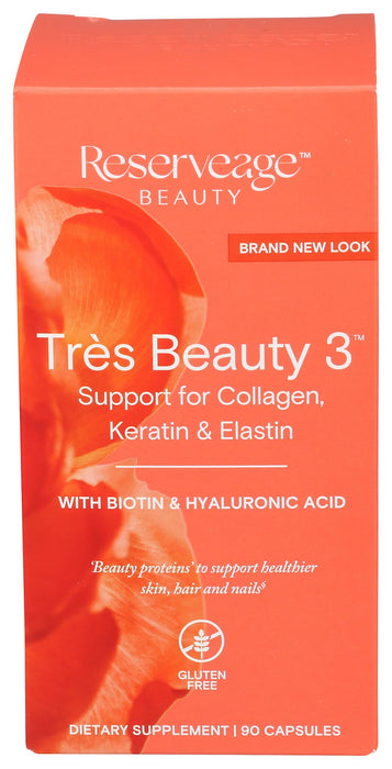 Reserveage Beauty, Tres Beauty 3, Beauty Supplement for Hair Growth, Skin Care and Nail Care, Collagen Supplement with Keratin and Biotin, Gluten Free, 90 Capsules (30 Servings)