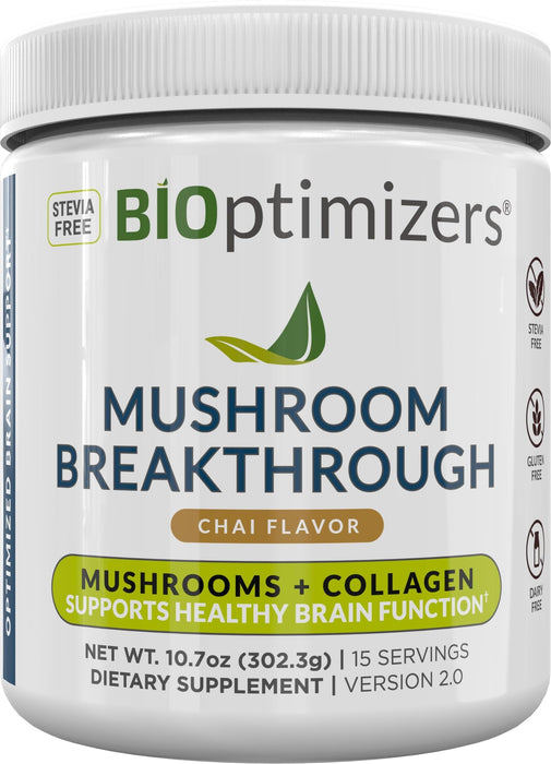 BiOptimizers – Mushroom Breakthrough - Chai Flavor - Nootropic Supplement Blended Powder of Mushroom, Collagen & Superfoods: Lion’s Mane, Chaga, Reishi (15 Servings)