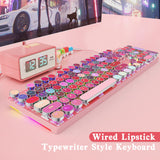 HUO JI Typewriter Mechanical Gaming Keyboard with RGB Sidelit and Rainbow Backlit, Retro Style, Red Switches, Metal Panel, Lipstick 104 Keys for Mac, PC, Cute Pink