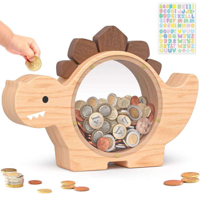 Summidate Wooden Dinosaur Piggy Bank, Large Clear Money Bank for Kids Boys