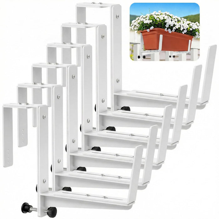 Window Box Brackets, Adjustable Planter Box Brackets, Heavy Duty Iron Flower Box Brackets for Railings, with Enhanced Bottom Support - Perfect for Balconies, Fences, and Gardens (White, 4 Pack)