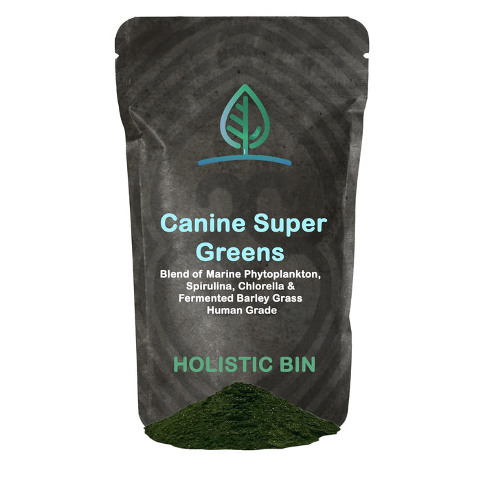 Canine Super Greens by Holistic Bin | Vegan Dog Nutritional Supplement with Marine Phytoplankton, Spirulina, Chlorella, & Fermented Barley Grass | Organic Skin and Coat Support (50 Grams)