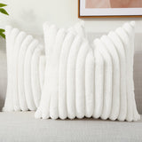 decorUhome Christmas Faux Fur Throw Pillow Covers 18x18 Set of 2, Decorative Soft Plush Striped Couch Pillow Covers with Velvet Back for Sofa, Bed, Living Room, White