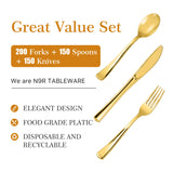 N9R 500PCS Gold Plastic Silverware - Gold Plastic Cutlery Set Disposable Flatware Dinnerware -200 Gold Forks, 150 Gold Spoons, 150 Gold Knives for Party, Birthday, Wedding Gold Utensils