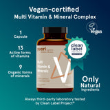 Puori Multi-Vitamin and Mineral Complex - 60 Vegan Capsules - Vegan Certified with 13 Essential Vitamin and 9 Minerals - for Overall Health, Nervous and Immune System - Dairy-Free, Vegetarian