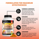 Turmeric Supplement with Saffron, Cinnamon and Cardamom Plus BioPerine Black Pepper Extract for Optimal Absorption, Natural Tumeric Curcumin Joint Support Supplement for Women and Men, 60 Capsules