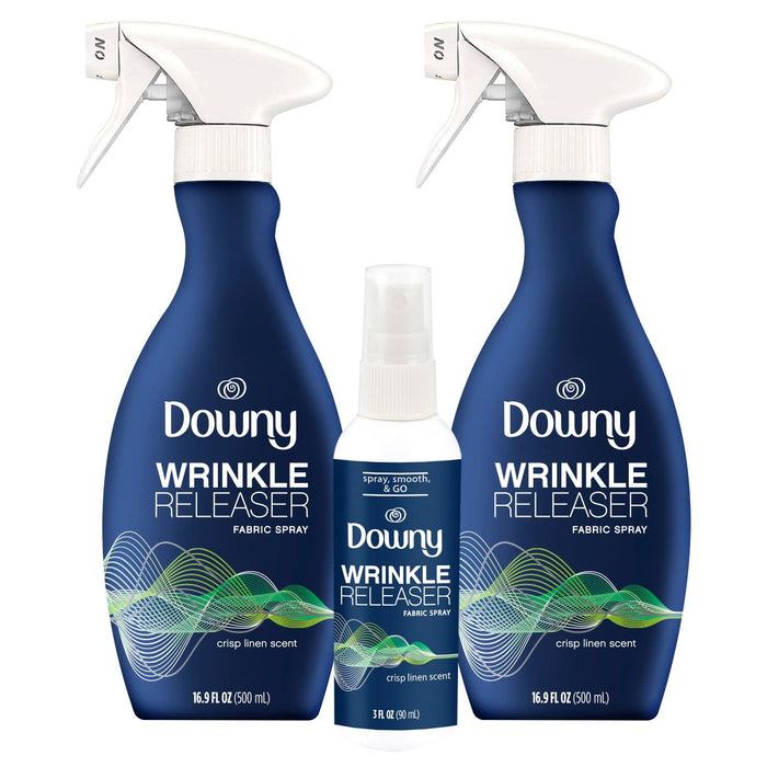 Downy Wrinkle Releaser Spray, All In One Formula, Removes Wrinkles, Static and Odors, Crisp Linen Scent, 16.9 Fl Oz, Pack of 2 + Travel Size Spray