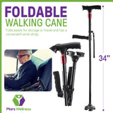 Premium Travel Lightweight Folding Walking Cane with LED Flashlight - SOS Alarm - W/Non Slip Flexible Cane Tip & EXTRA Handle