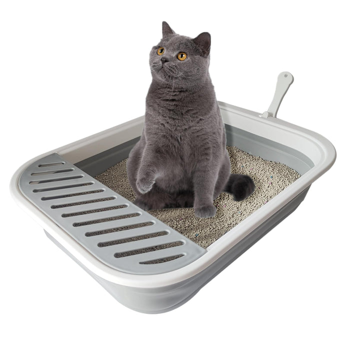 chuyouan Senior Cat Litter Boxes, Collapsible Open Low Entry Cat Litter Pan with Scoop Travel Cat Potty Foldable Pet Toilet for Sick Disabled Older Elderly Cats Grey 20.9x15.7x5.7 inch