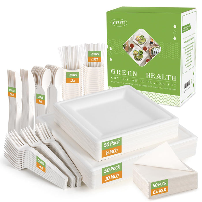 KTCNMER Compostable Disposable Paper Plates Set -[400 Pcs] Biodegradable Heavy Duty 10 inch Square Plates,8 inch Dessert Plates, Utensils, Cups and Napkins - Eco Friendly Dinnerware Set for Party