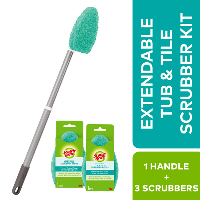 Scotch-Brite Extendable Tub & Tile Scrubber Kit, Includes 1 Handle and 3 Non-Scratch Scrubber Pads