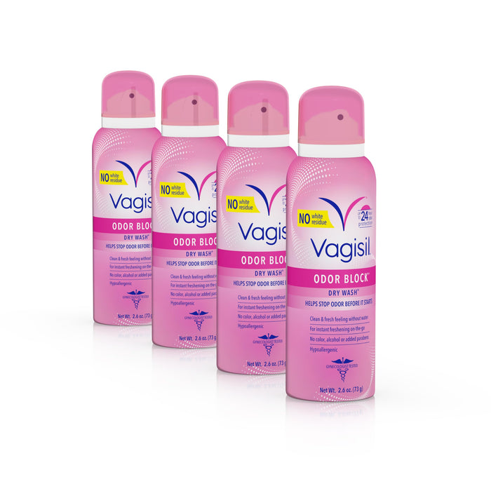 Vagisil Odor Block Dry Wash Spray for Feminine Hygiene, Gynecologist Tested, Hypoallergenic, 2.6 Ounces (Pack of 4)