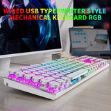 HUO JI E-Yooso Z-88 Mechanical Gaming Keyboard Wired Typewriter Style with Programmable RGB Backlit Clicky Blue Switches Retro Round Keycap Metal Panel for Mac/PC, White