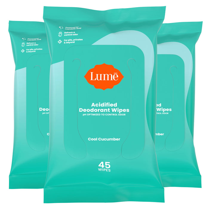 Lume Acidified Deodorant Wipes - 24 Hour Odor Control - Aluminum Free, Baking Soda Free, Skin Loving - Flushable - 45 Count (Pack of 3) (Cool Cucumber)