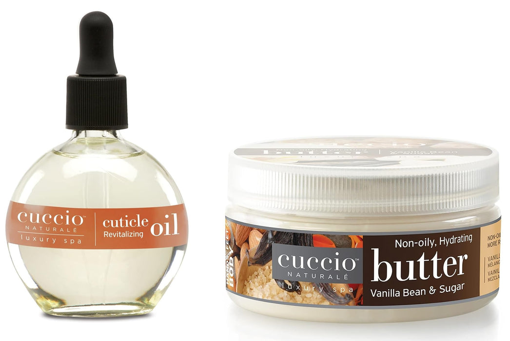 Cuccio Full Hand Treatment - Cuticle Oil 2.50 Oz and Butter Blends Moisturizing Scented Body Cream, 8 Oz (Vanilla Bean & Sugar)