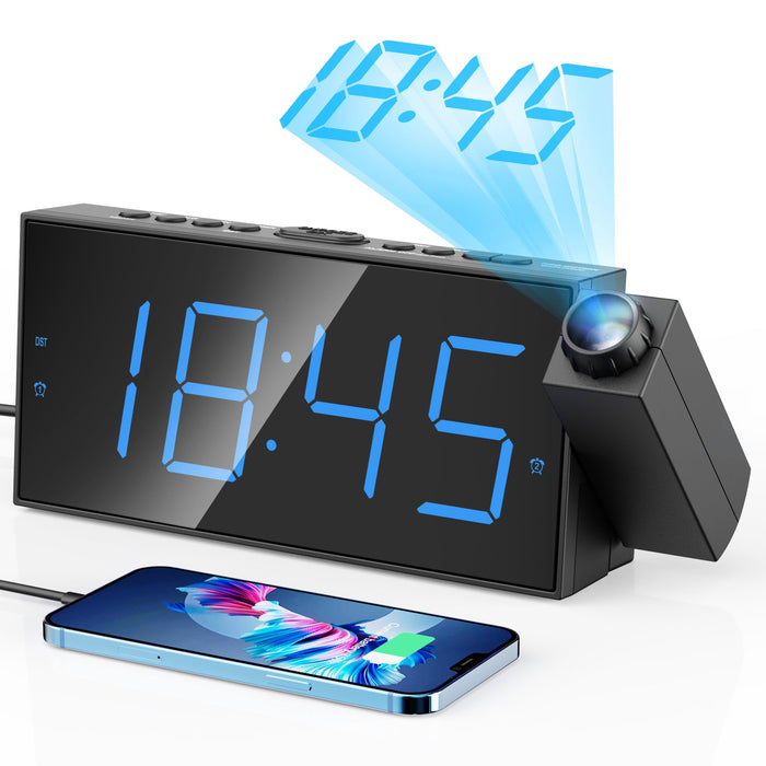 Digital Projection Alarm Clocks for Bedrooms - Large LED Display, 180° Rotatable Projector, 5-Level Dimmer,USB Charger,Battery Backup,Loud Dual Alarms for Kids Elderly,Heavy Sleepers,Snooze,12/24H,DST